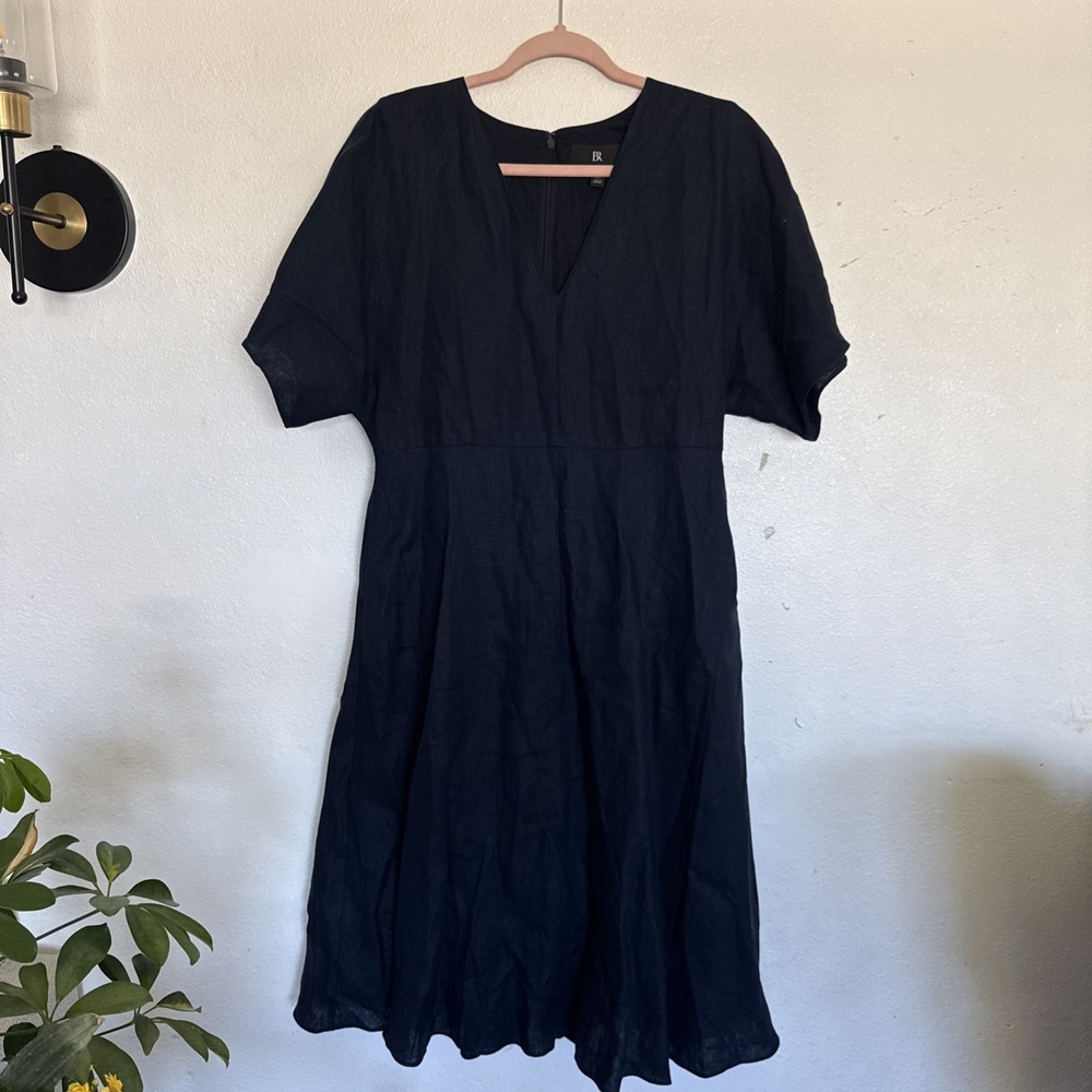 Banana Republic National 100% Navy Blue Linen Fit &Flare Dress Sz 10 Petites